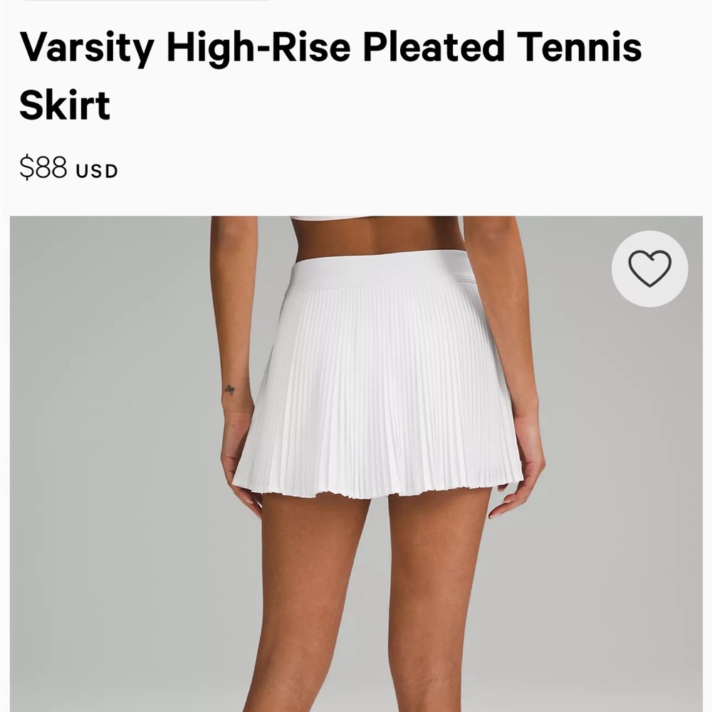 Brand new lululemon high rise pleated varsity tennis skort white size 0